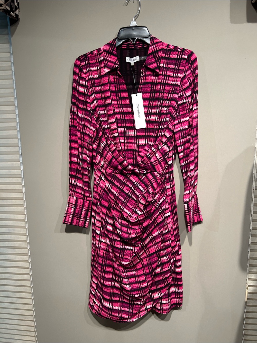 Calvin Klein Hot Pink & Black Patterned Long Sleeve Wrap Dress